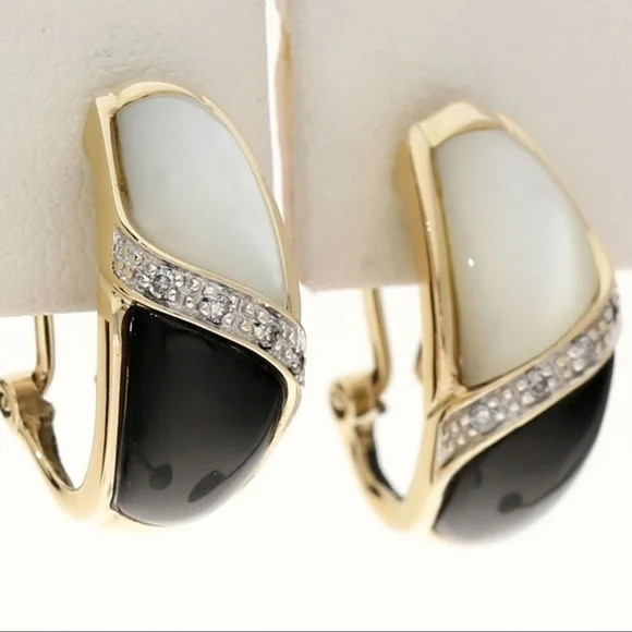 10k Gold Onyx And Mother Of Pearl Vintage Earrings - Picture 1 of 6